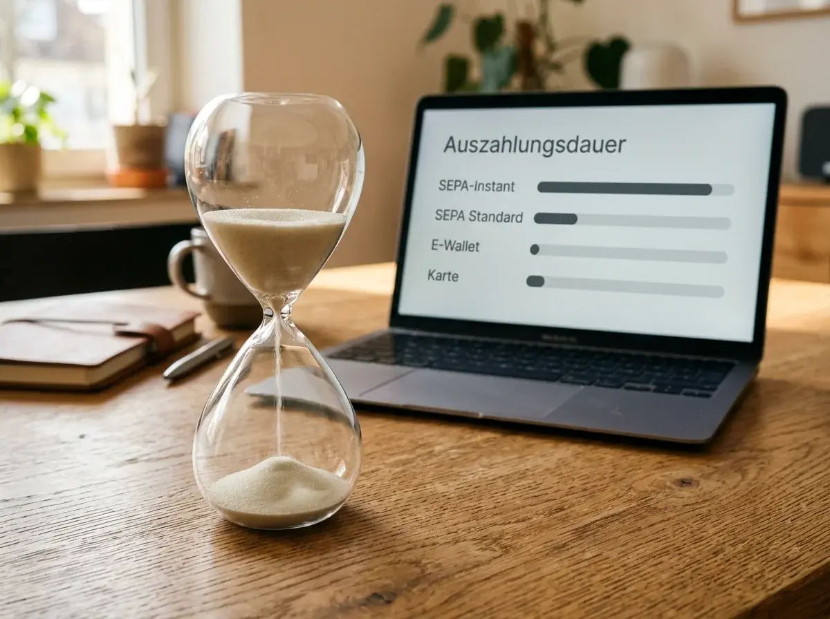 Ein Sanduhr-Symbol vor Laptop verdeutlicht die unterschiedliche Dauer der Auszahlungsmethoden