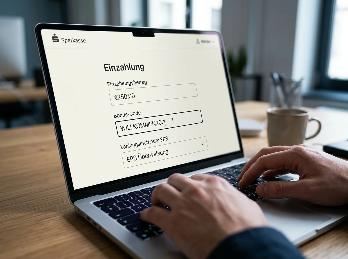 Eingabe eines Bonus-Codes im Casino-Einzahlungsformular vor der EPS-Bestätigung