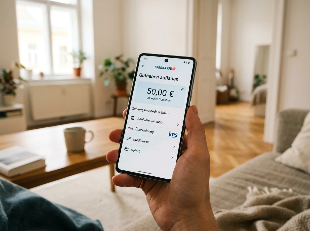 Digitale E-Wallet auf Smartphone wird aufgeladen für österreichische Casino-Einzahlung