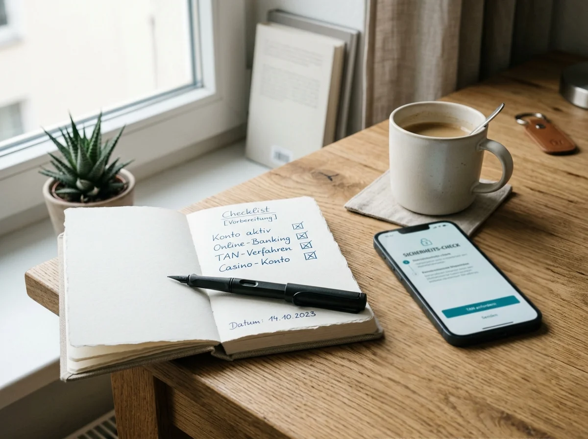 Notebook mit Vorbereitungsliste neben Smartphone mit Banking-App vor der EPS-Einzahlung