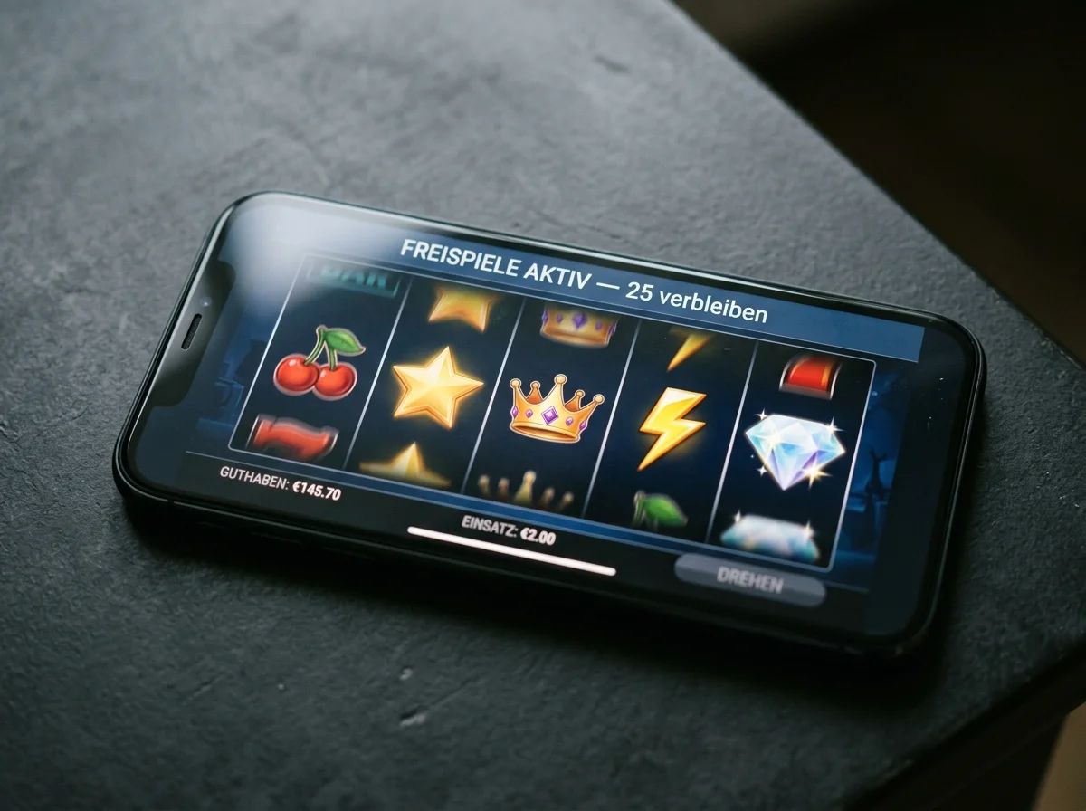 Drehende Walzen eines Online-Slots mit gewährten Freispielen nach EPS-Einzahlung