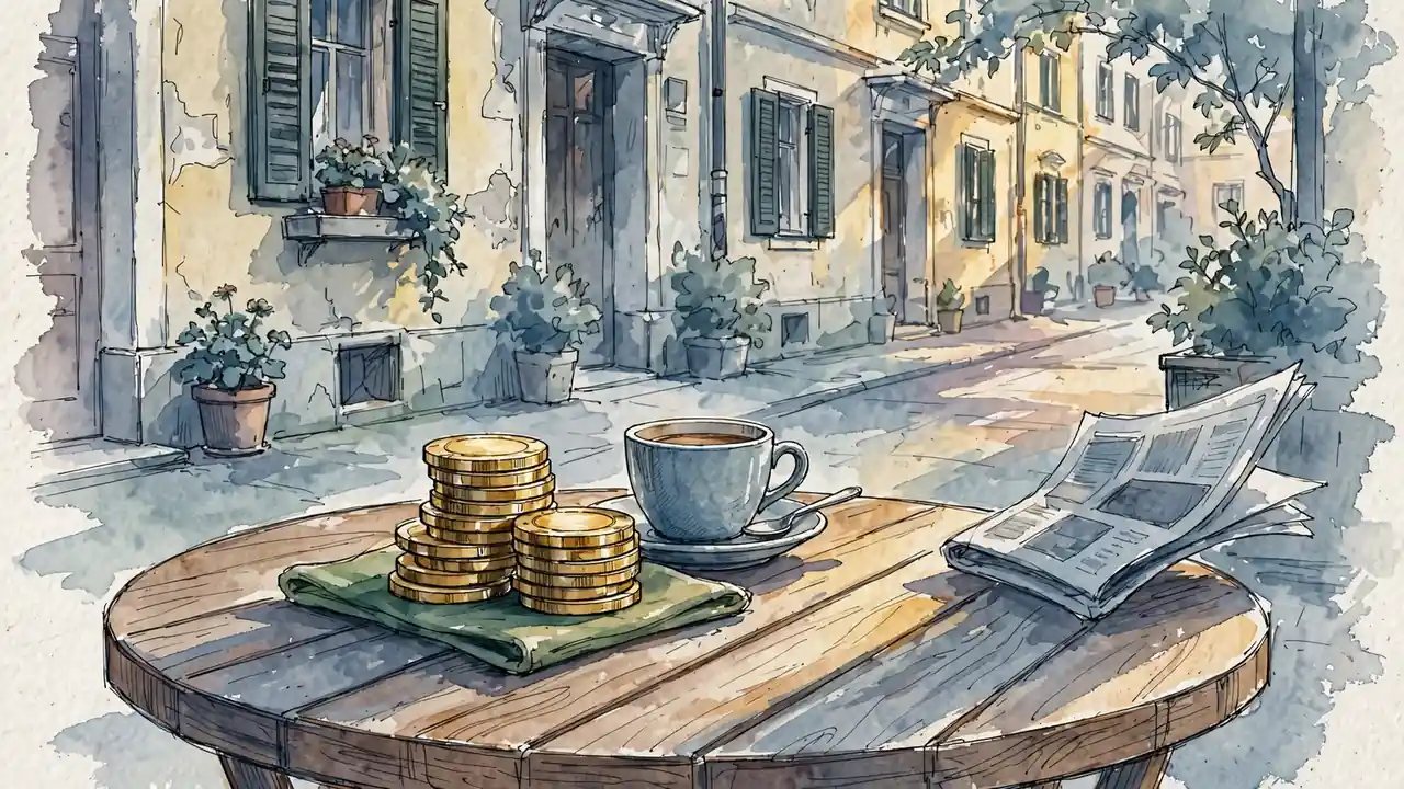 Goldene Casino-Chips auf einem Wiener Kaffeetisch mit Altstadtfassade im Hintergrund
