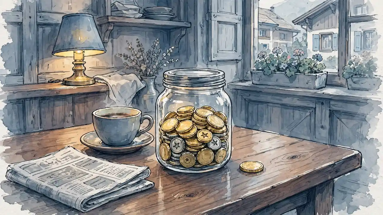 Glas mit Goldmünzen und Spielmarken auf einem Holztisch in einem österreichischen Café.