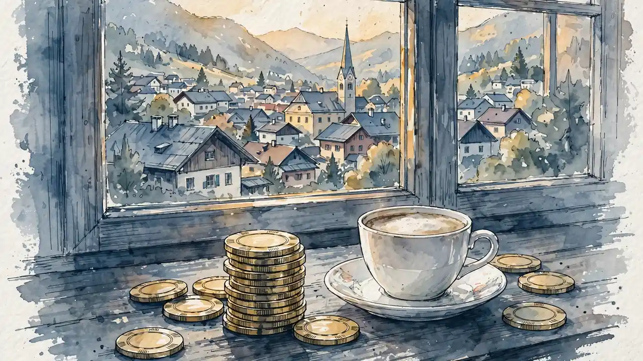Stapel goldener Casino-Chips neben einer Melange-Tasse auf einem Holztisch mit Alpenblick