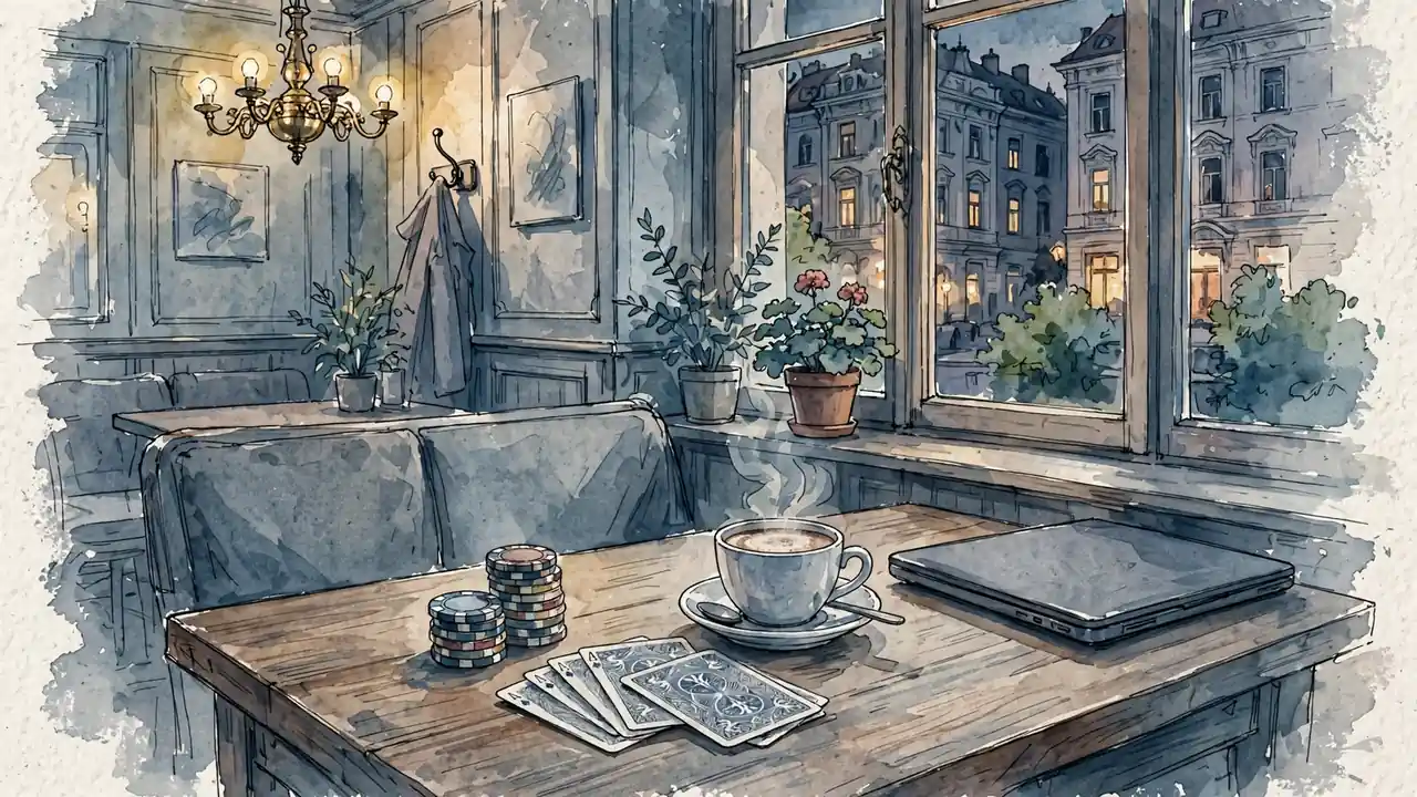 Abendliche Szene mit Spielchips und Karten auf einem Wiener Kafeehaustisch.