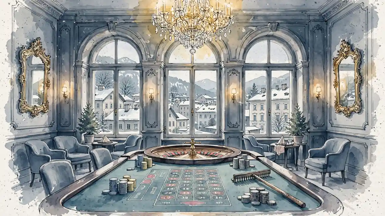 Elegante Wiener Spielbank mit Roulette-Tisch und Kronleuchter