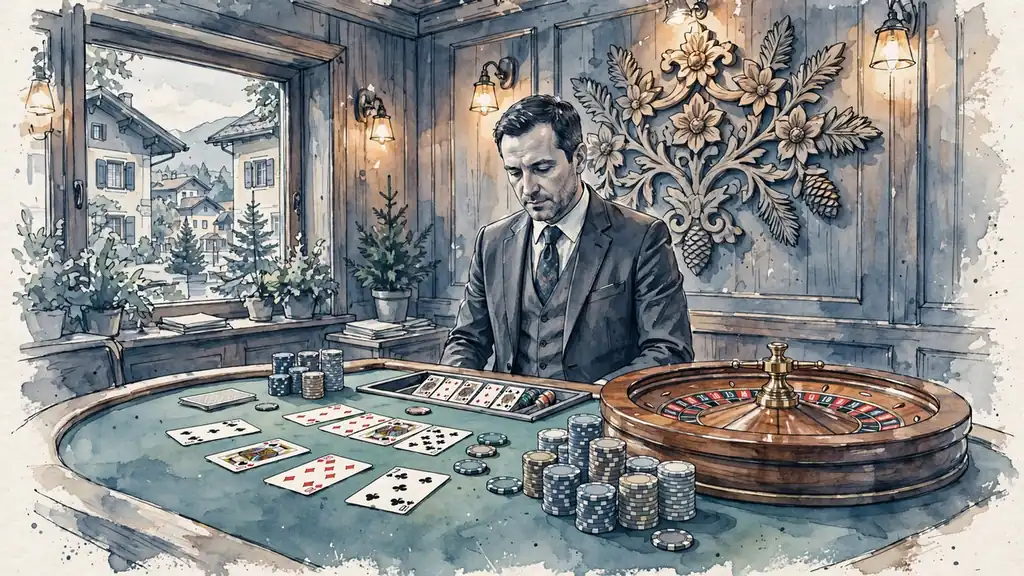 Casino-Studio mit Spieltisch, Chips, Karten und Roulettekessel, Croupier in österreichisch gestaltetem Ambiente