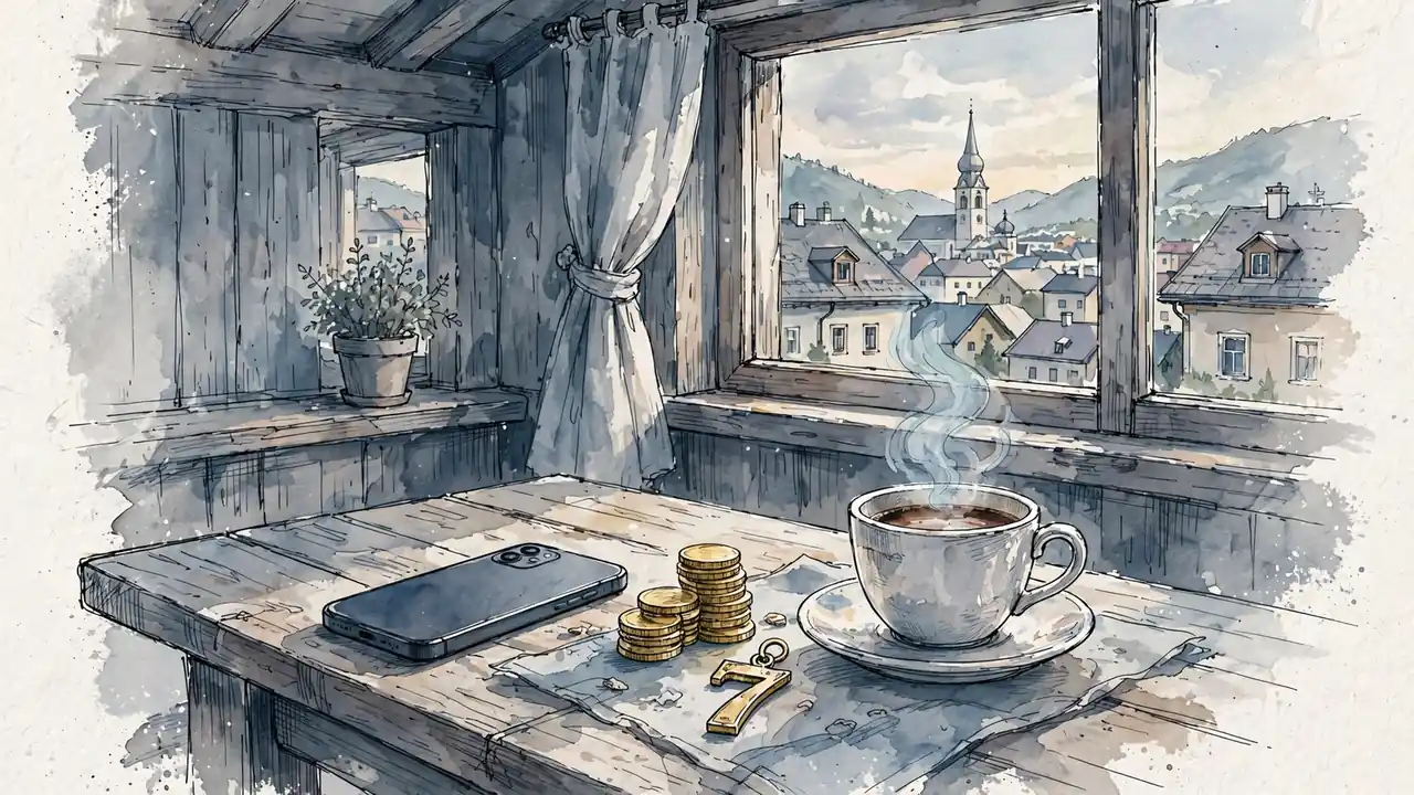 Smartphone mit Goldmünzen auf einem Holztisch in einem österreichischen Zimmer.