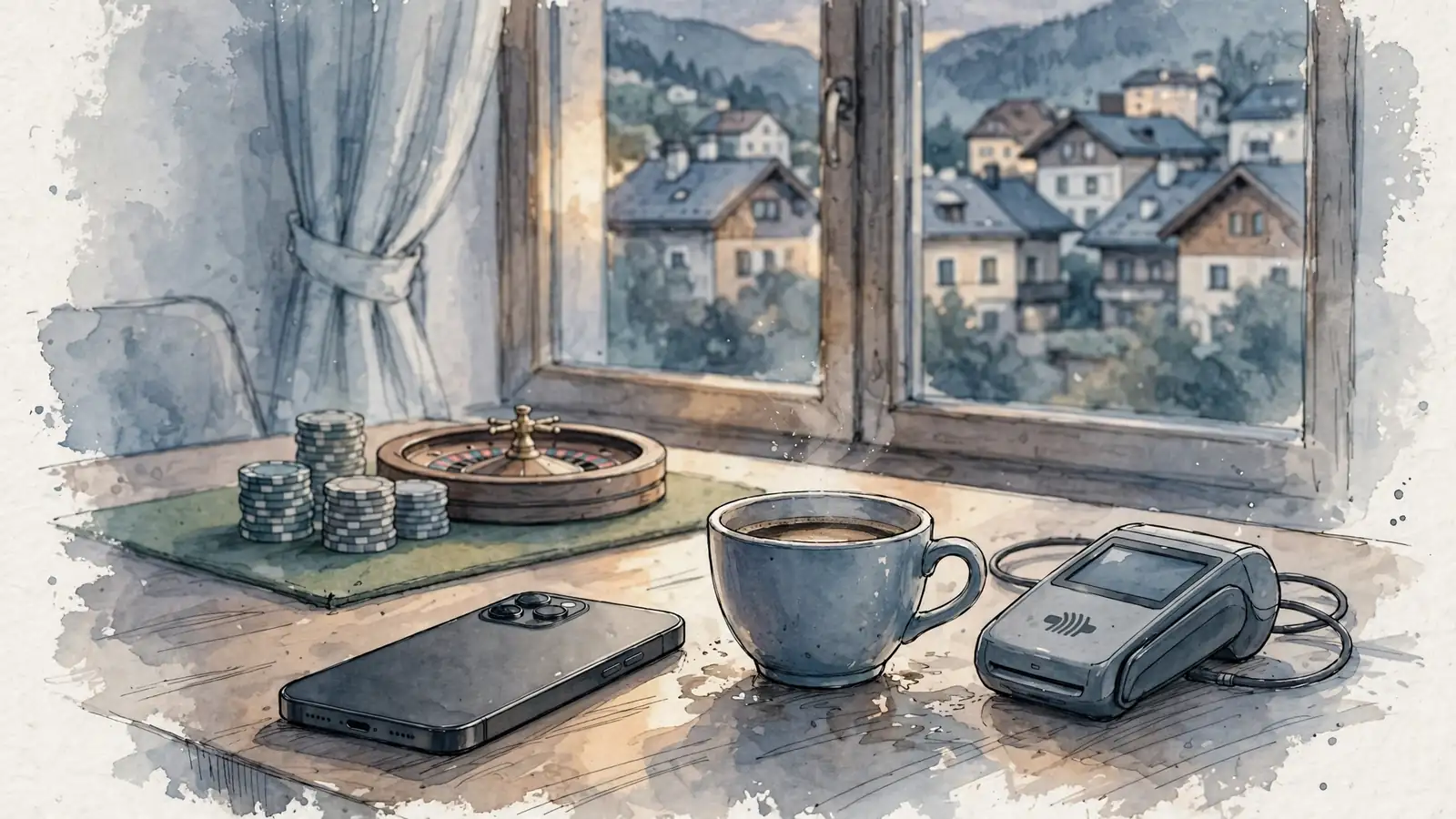 Smartphone auf einem Tisch neben Spielchips und Roulette in einer hellen österreichischen Wohnung