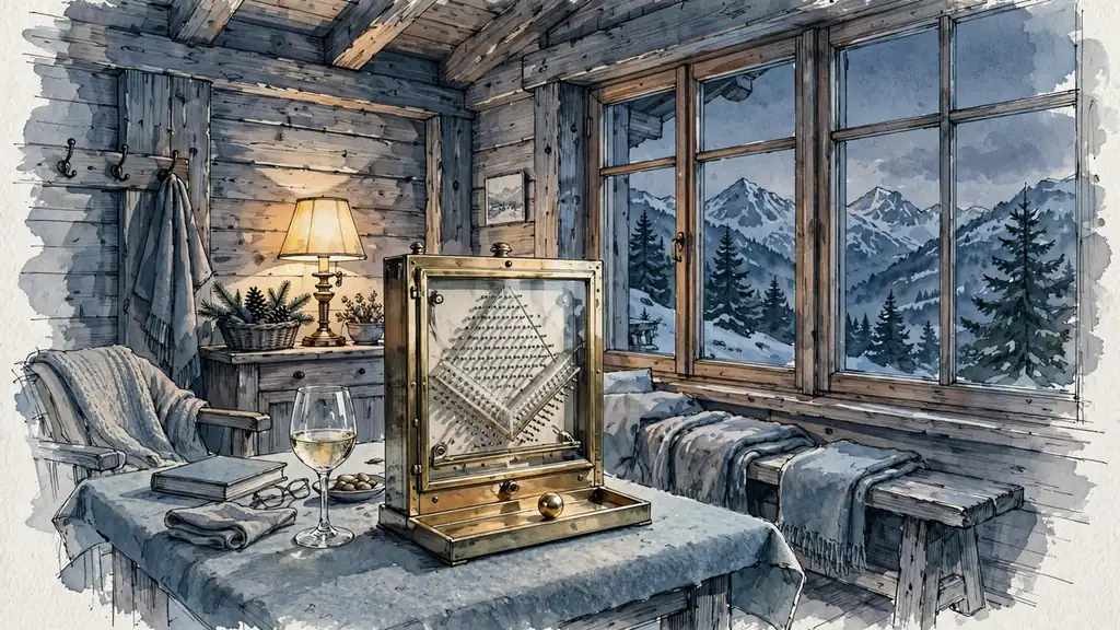 Alpenchalet-Lounge mit Holzvertäfelung, beleuchteter Plinko-Spielwand und österreichischem Wein bei Dämmerung