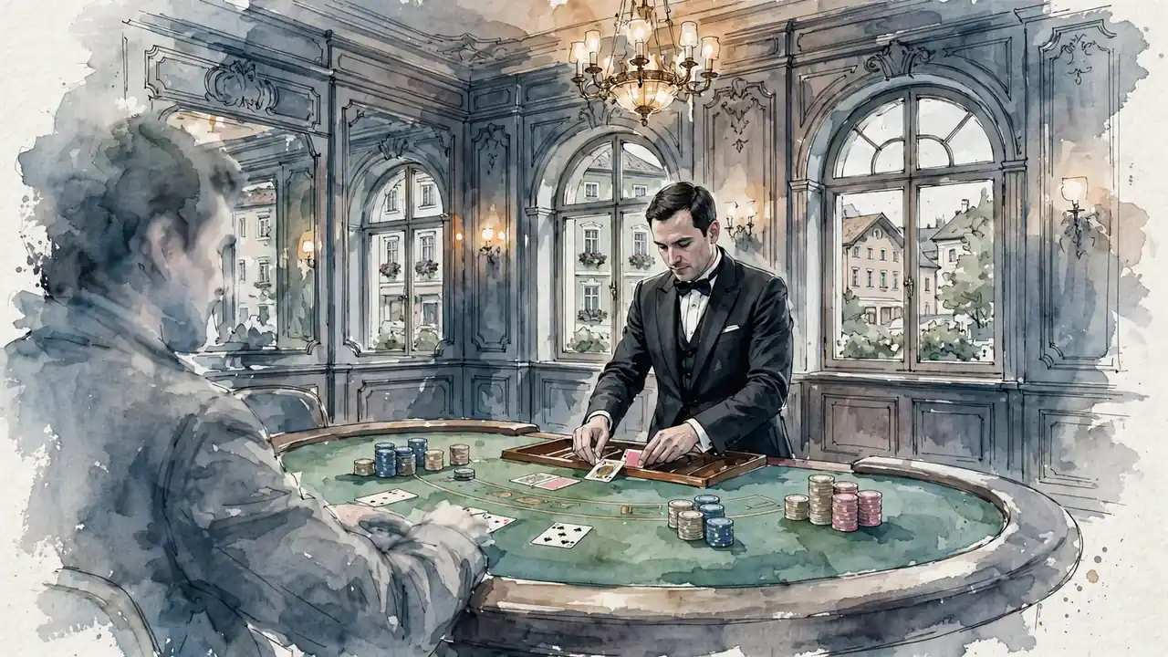 Croupier in elegantem österreichischen Casino teilt Baccarat-Karten am grünen Spieltisch aus.