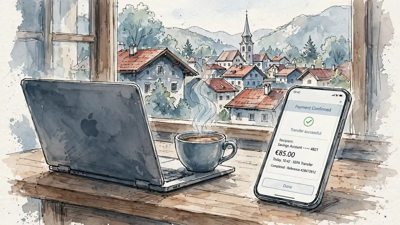 Laptop und Smartphone auf einem Schreibtisch mit Blick auf eine österreichische Dachlandschaft