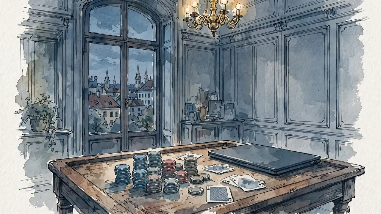 Gedeckter Spieltisch mit Chips und Karten in einem Wiener Interieur bei warmem Lampenlicht.