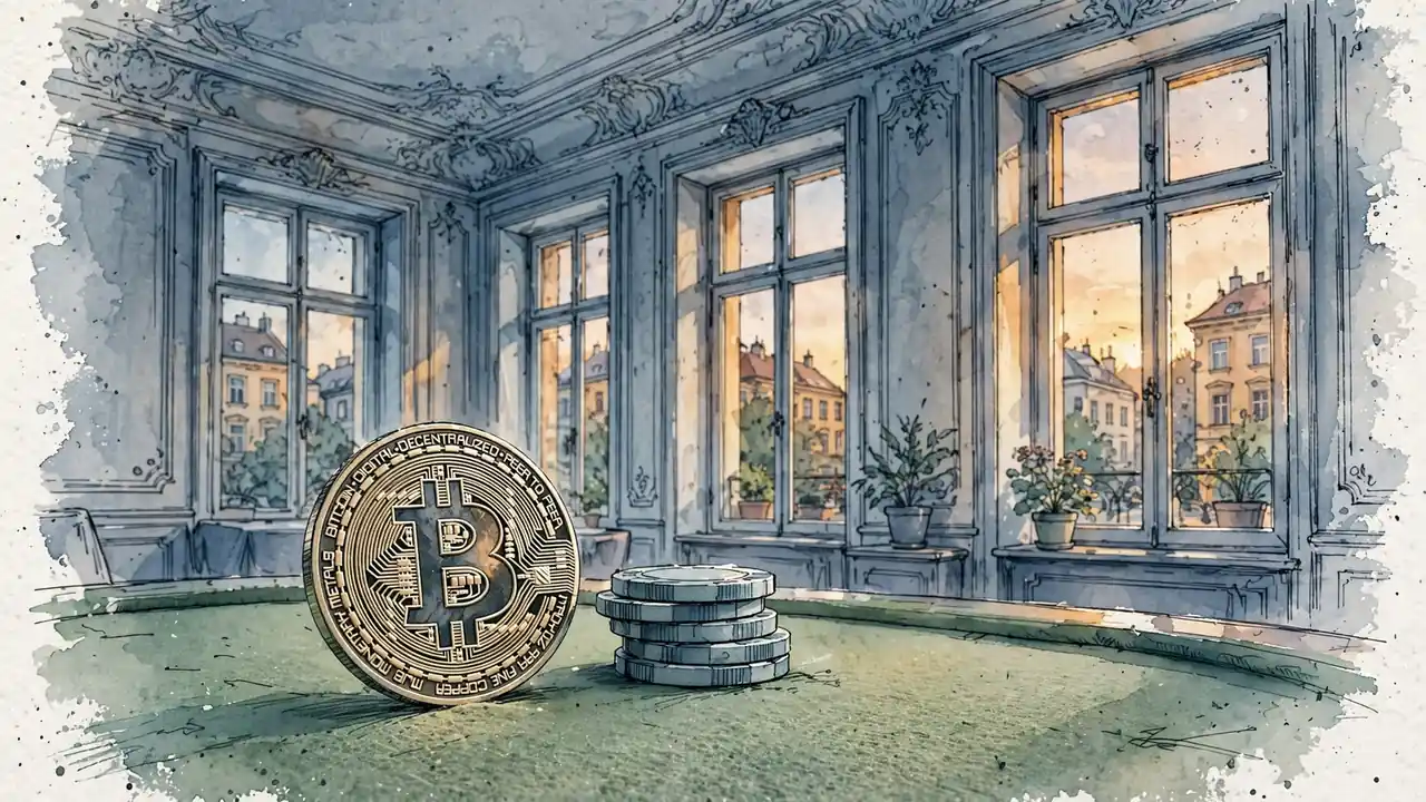 Bitcoin-Münze auf Spieltisch in Wiener Innenraum