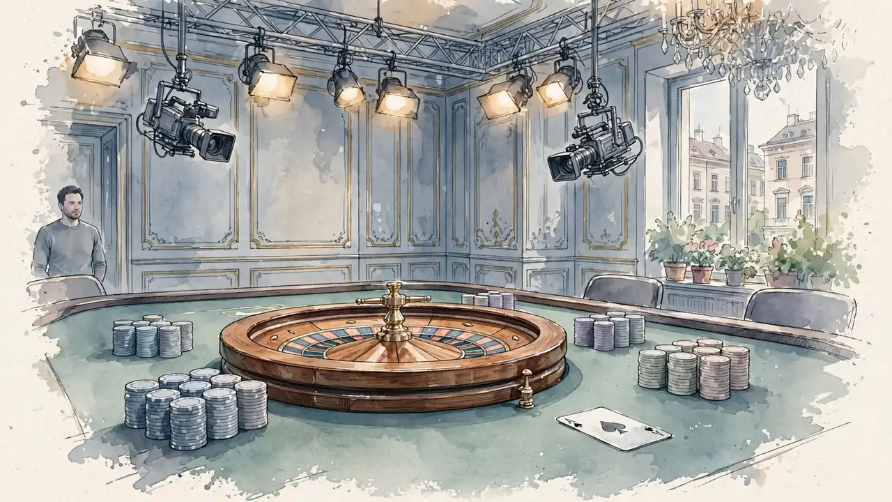 Live-Casino-Studio mit Roulette-Rad, Chips und Studiolichtern