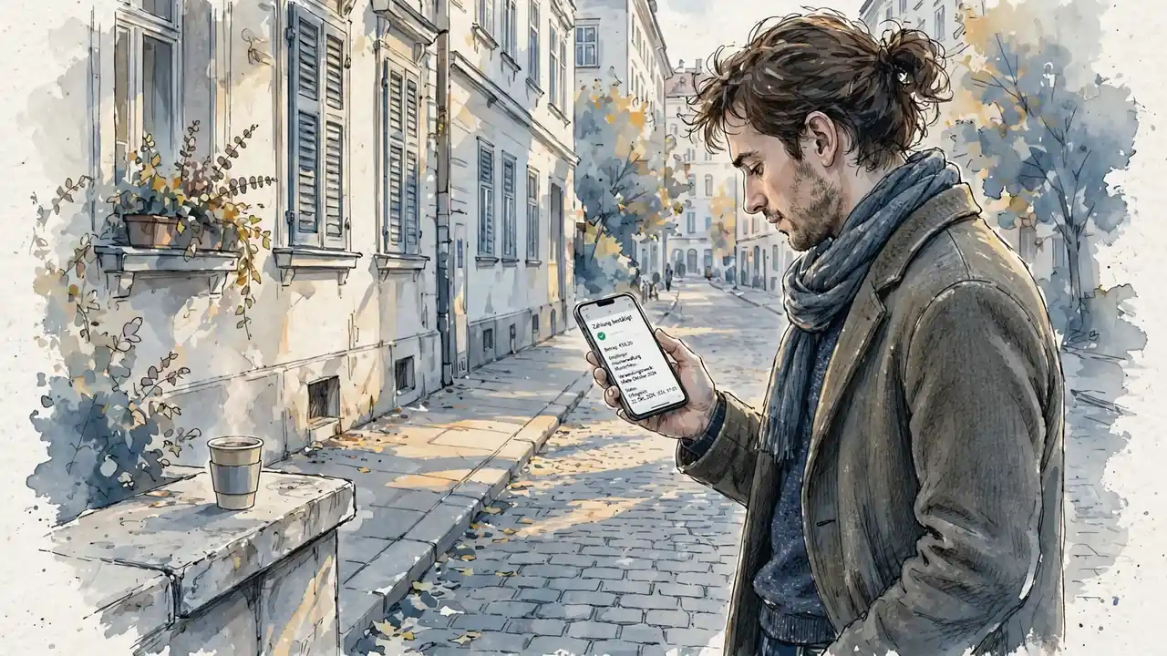 Junger Erwachsener in Wien hält Smartphone mit Zahlungsbestätigung in der Hand