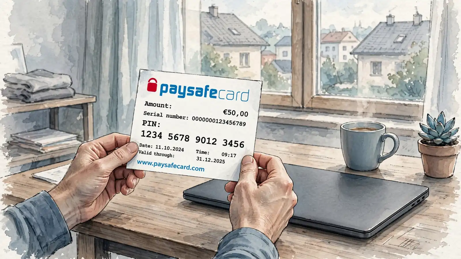 Hände halten einen Paysafecard-Beleg mit 16-stelligem PIN-Code neben einem Laptop auf einem Schreibtisch.