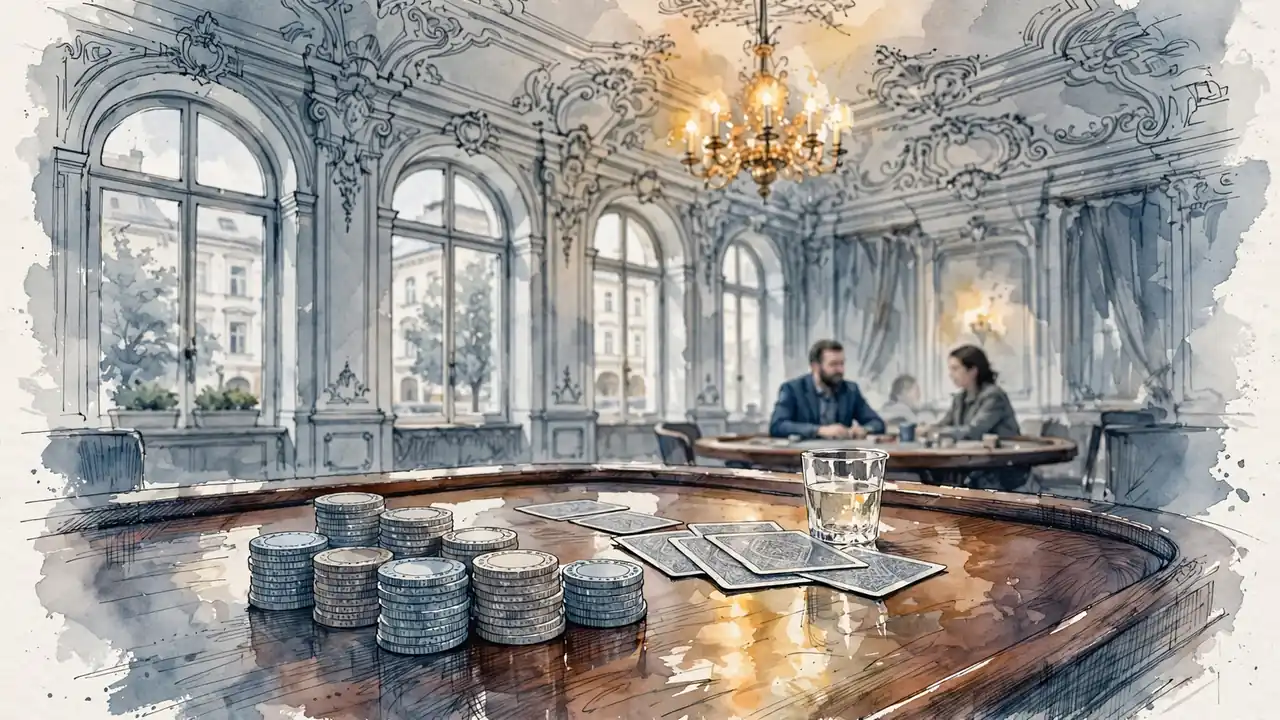 Eleganter österreichischer Casino-Saal mit Mahagoni-Tisch, Spielchips, Karten und Wiener Stuckleiste im Hintergrund.
