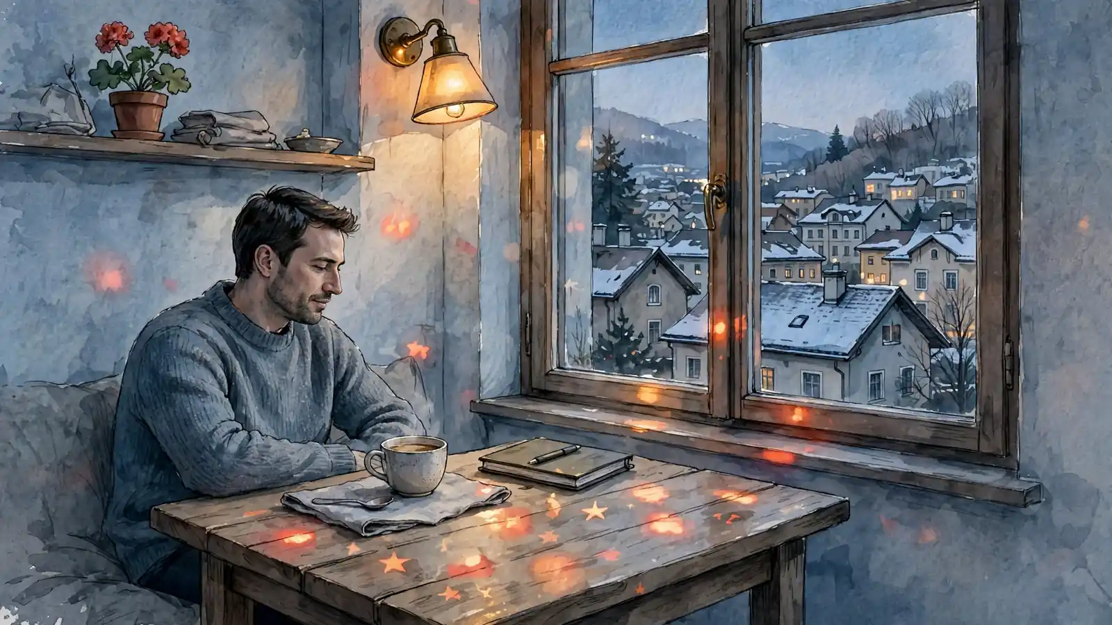 Abendliche Atmosphäre mit Blick auf alpine Dächer und Slot-Symbolen