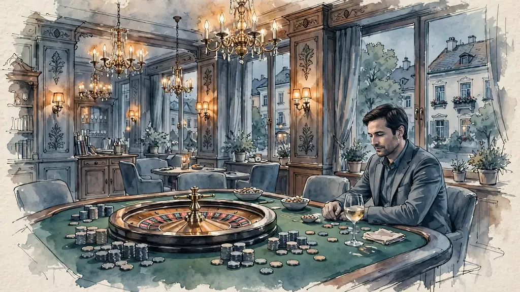 Elegantes österreichisches Kasino in Wien mit Spieltisch, Jetons und Rouletterad