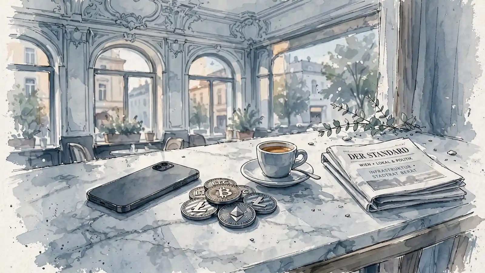 Smartphone und Krypto-Münzen auf einem Wiener Kaffeehaustisch bei Tageslicht.