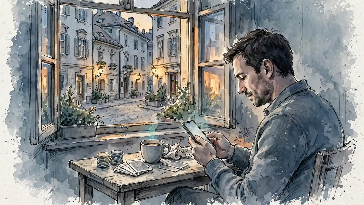 Nachdenkliche Person mit Smartphone am Tisch, Spielchips beiseitegeschoben, warmes Abendlicht durch Wiener Fenster.