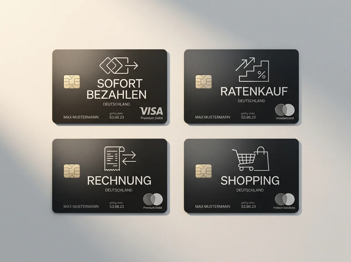 Klarna-Produktfamilien-Übersicht mit Rechnung, Sofort, Ratenkauf und Card