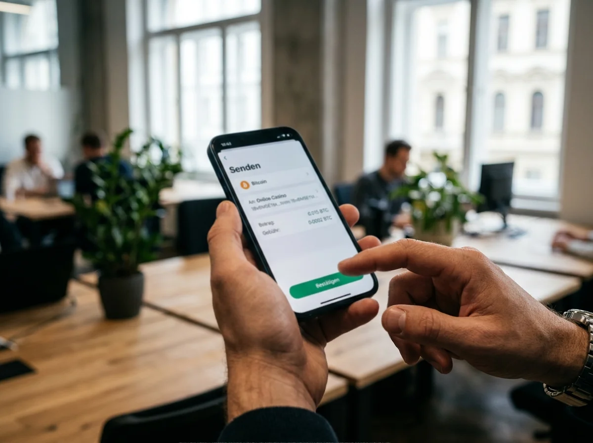 Smartphone mit Krypto-Wallet-App und Bitcoin-Transaktion an ein Online-Casino