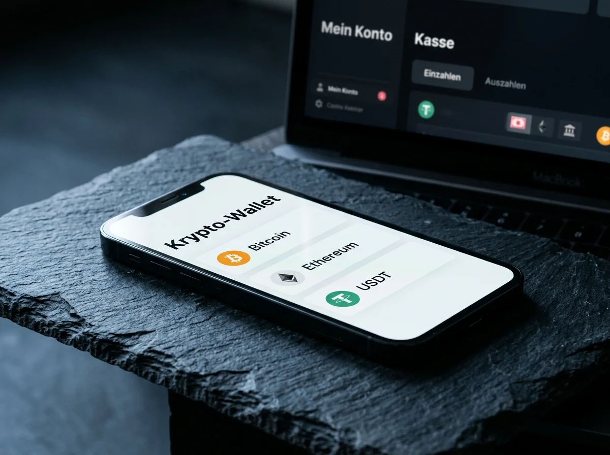 Bitcoin- und Stablecoin-Symbole in einer mobilen Wallet-App neben einem Casino-Login