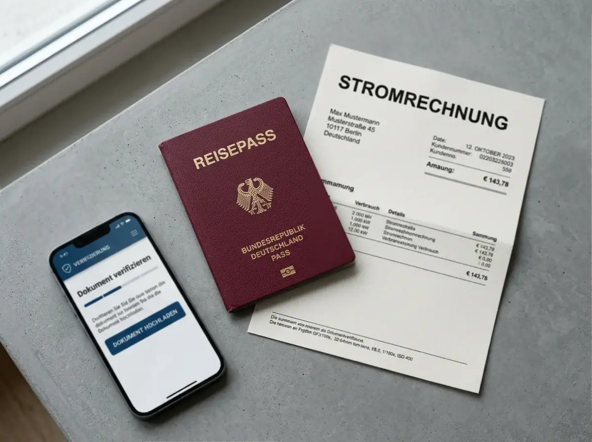 Bereitliegender Reisepass und Adressnachweis für die KYC-Verifizierung vor der Casino-Auszahlung