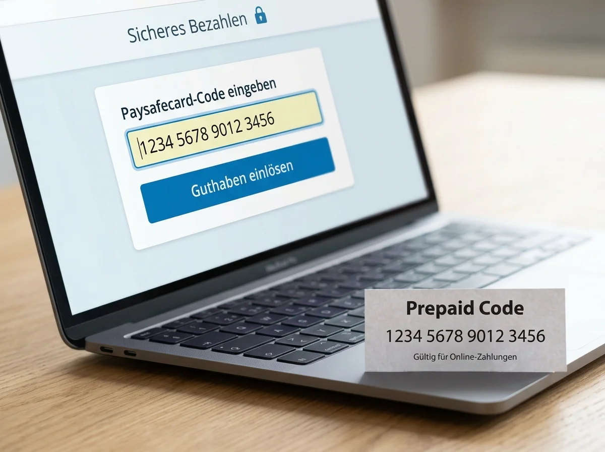 Eingabe des 16-stelligen Paysafecard-Codes auf einem Laptop-Bildschirm im Casino-Formular