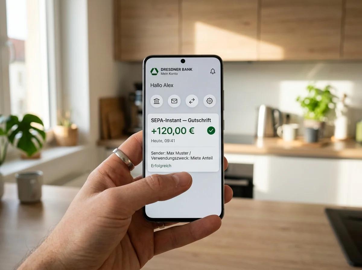 Smartphone zeigt die Echtzeit-Gutschrift einer SEPA-Instant-Auszahlung aus dem Casino
