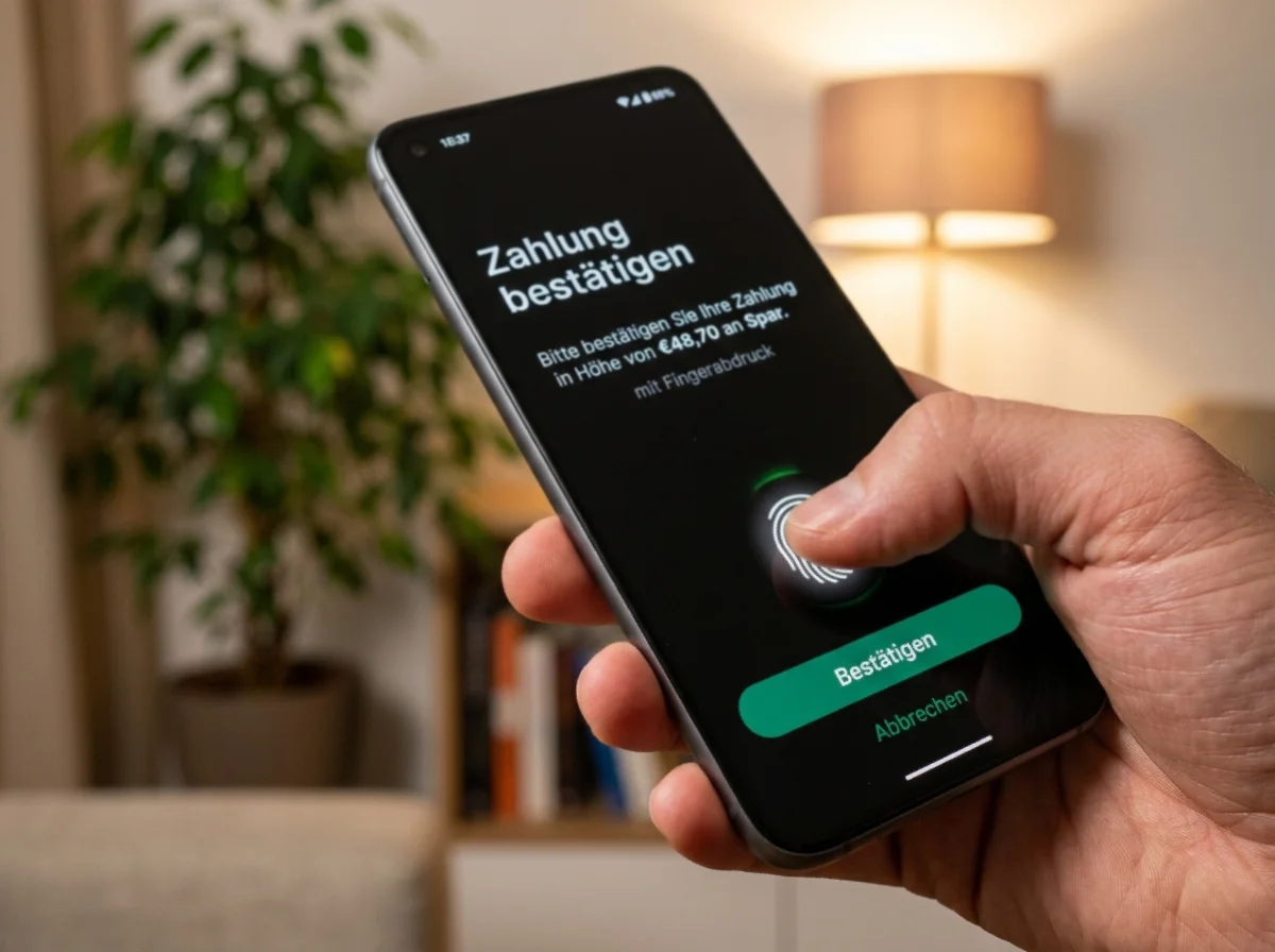 Volksbank-App mit biometrischer Freigabe im Casino-EPS-Flow